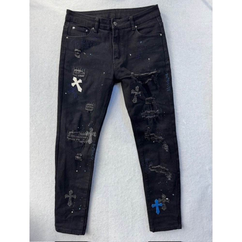 Amiri Chrome Hearts Cross Distressed Painted Black Jeans 31 x‎ 30 Goth Grunge